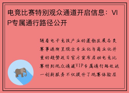 电竞比赛特别观众通道开启信息：VIP专属通行路径公开